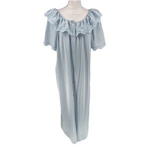 Vintage Gilead Nightgown Robe Women's Medium Peignoir Set Blue Nylon USA Ruffled